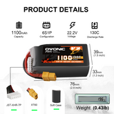 2×Ovonic 6S Lipo Battery 1100mAh 6S1P 130C 22.2V FPV LiPo Battery with XT60 Plug for FPV Racing Freestyle Cinewhoop Toothpick Long Range Drone