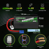 2 × OVONIC 4S Lipo Battery 6200mAh 80C 14.8V RC Lipo Battery with EC5 Plug for RC Vehicles 1/10 1/8 scale RC Truck