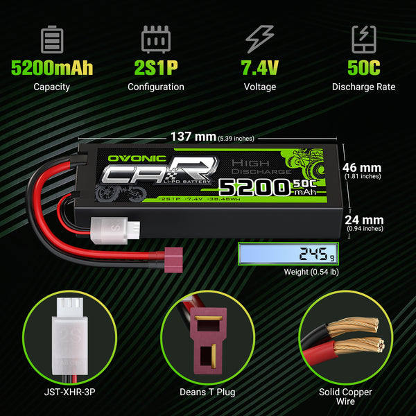 Batteria LiPo RoaringTop 50C 5200mAh 2S 7.4V HardCase Con Spina Deans - Per Auto RC