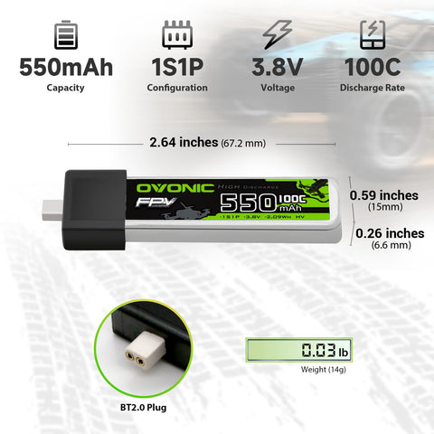 4×OVONIC 1S Lipo Battery 550mAh 1S1P 100C 3.8V LiHV LiPo Battery with BT2.0 Plug for Tinywhoop RC Quadcopter 75mm FPV Drone
