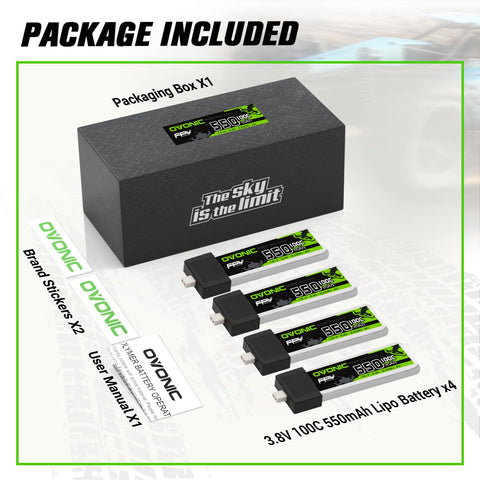 4×OVONIC 1S Lipo Battery 550mAh 1S1P 100C 3.8V LiHV LiPo Battery with BT2.0 Plug for Tinywhoop RC Quadcopter 75mm FPV Drone
