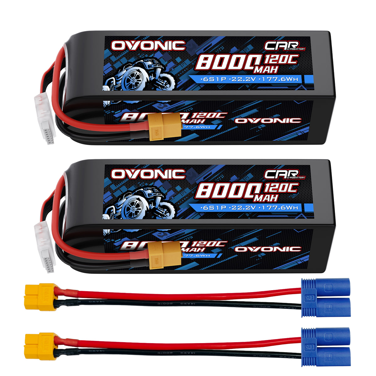 2-Pack Ovonic 22.2V 120C 6S 8000mAh LiPo Battery with XT60 Plug & EC5 Adapter for RC Airplanes, EDF Jets, and 1/8 Scale Vehicles