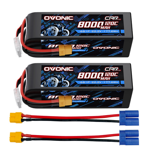 2-Pack Ovonic 22.2V 120C 6S 8000mAh LiPo Battery with XT60 Plug & EC5 Adapter for RC Airplanes, EDF Jets, and 1/8 Scale Vehicles