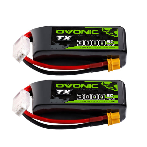2-Pack Ovonic 2S 3000mAh 5C 7.4V LiPo Battery w/XT30 Plug for RC Transmitters and Receivers