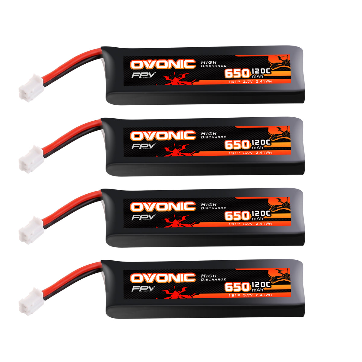 4-Pack Ovonic 1S 650mAh 120C 3.7V LiPo Battery w/PH2.0 Plug