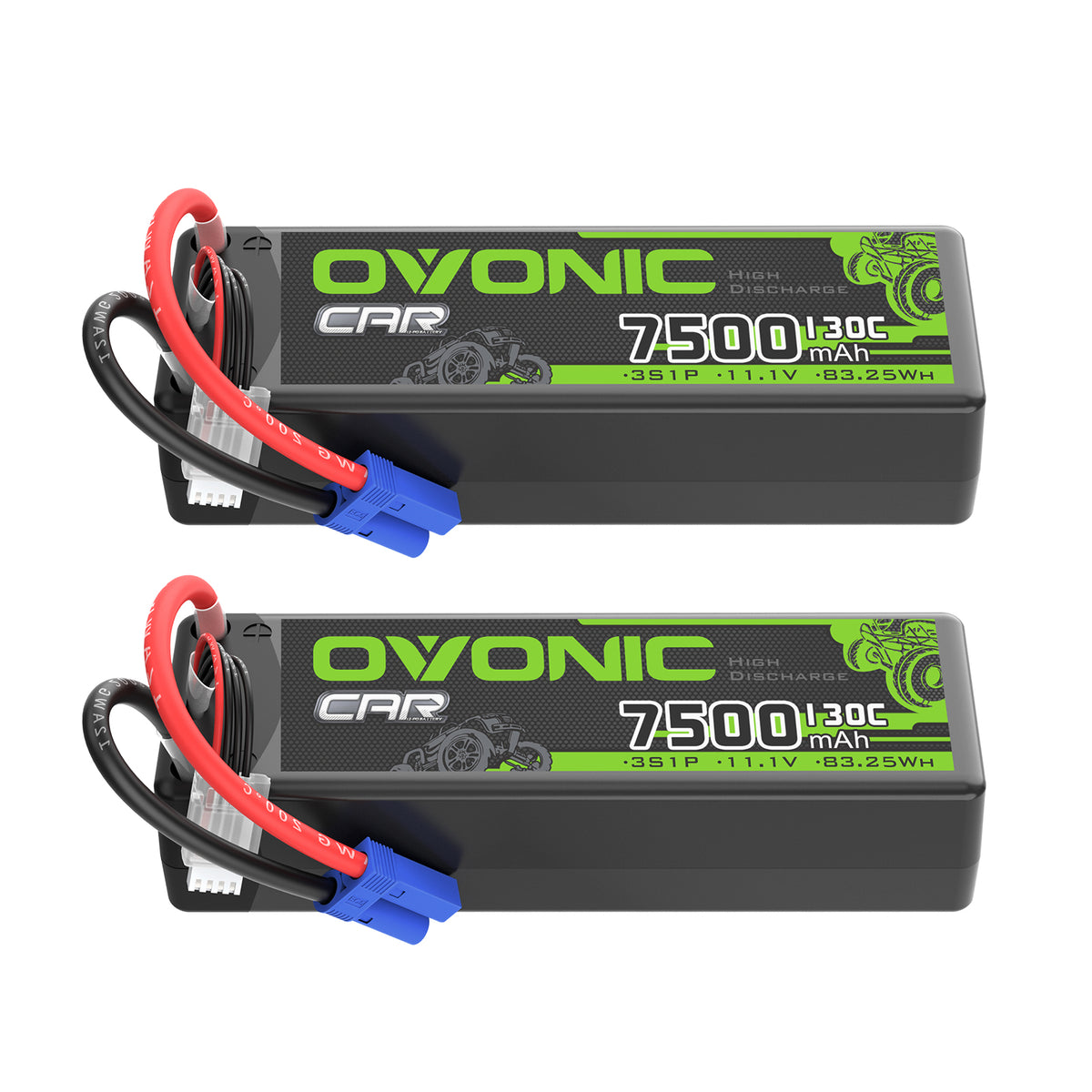 2 x OVONIC 3S 7500mAh 130C 11.1V LiPo Battery with EC5 Plug for 1/8 & 1/10 Scale RC Car Boat Helicopter