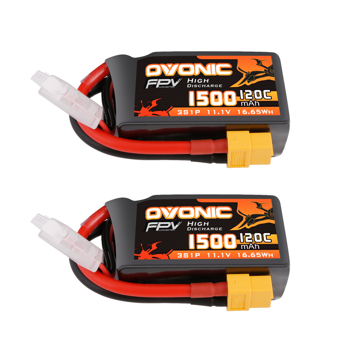 [2-Pack] Ovonic 1500mAh 11.1V 120C 3S LiPo Battery Pack with XT60 Connector for FPV Racing Drones and Quads