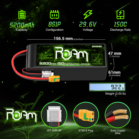 Ovonic Roam Series 8S Lipo Battery 5200mAh 8S1P 150C 29.6V Long Range Lipo Battery with XT90 Anti Spark Plug for 8S Cinelifte Long Range Multirotor X-Class