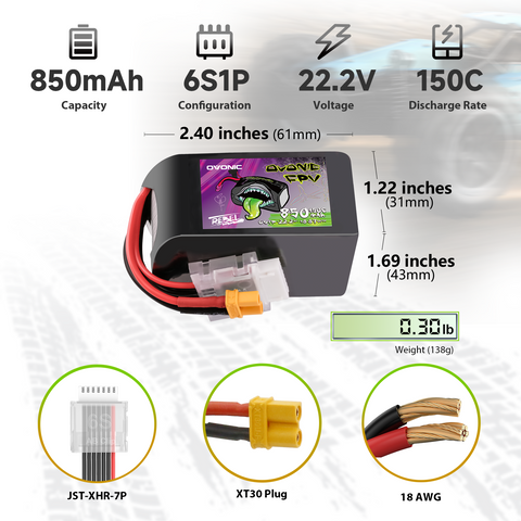 2 Pack OVONIC 11.1V 150C 850mAh 6S LiPo Battery with XT30 Plug for 90-180mm Brushless FPV Drones Cinelog & Protek25