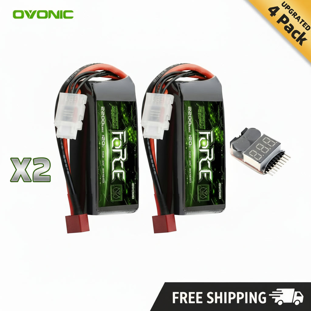 4-Pack Ovonic Force 3S 2200mAh 120C 11.1V Short LiPo Battery w/Deans Plug for 1/10 Race Buggy & On-Road Car (Voltage Checker Included)