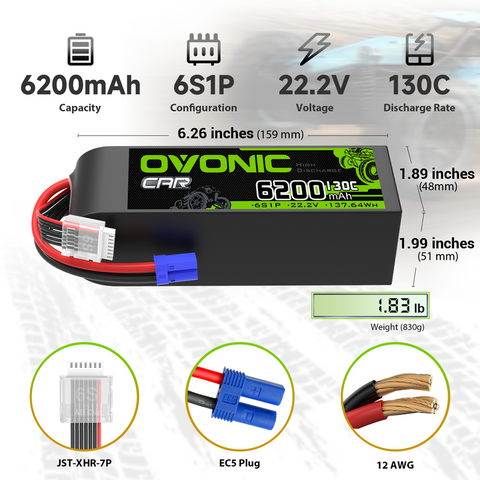OVONIC 6S 6200mAh 22.2V 130C LiPo Battery with EC5 Plug