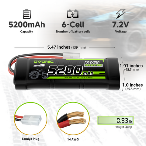 2 × OVONIC 7.2V 5200mAh NiMH Battery Pack 6-Cell with Tamiya Plug for RC Cars & Trucks