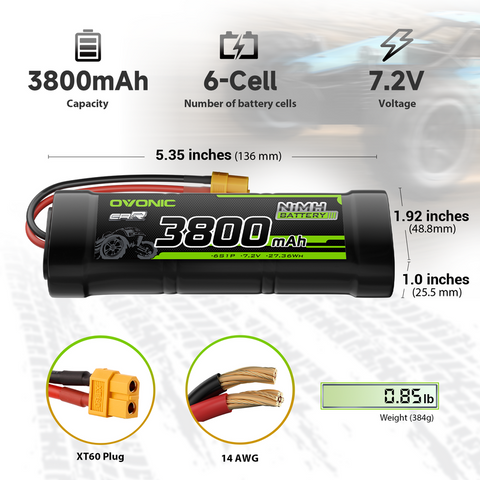 2 × OVONIC 7.2V 3800mAh NiMH Battery Pack 6-Cell Flat with XT60 & TRX Plug for RC Cars & Trucks
