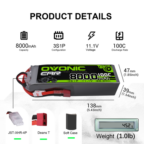OVONIC 3S 11.1V 8000mAh 100C High Power Lipo Battery w/ Deans T Connector for 1/10 RC Car/Plane/Boat