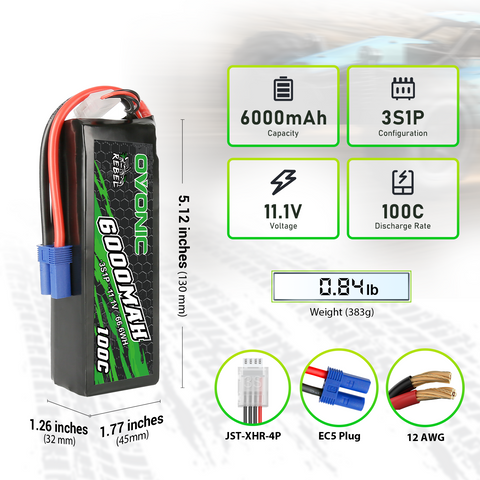 2-Pack OVONIC Rebel Series 11.1V 6000mAh 100C 3S Softcase LiPo Battery Pack with EC5 Connector for ARRMA 3S and 6S RC Vehicles