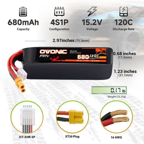 2-Pack Ovonic 4S 680mAh 120C 15.2V LiHV Battery w/XT30 Plug