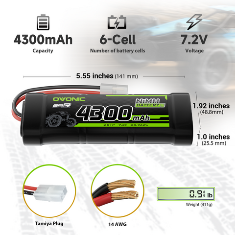 2 × OVONIC 7.2V 4300mAh NiMH Battery Pack 6-Cell with Tamiya Plug for RC Vehicles