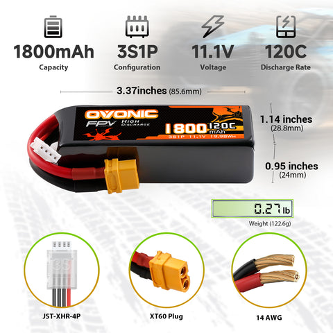 2-Pack Ovonic 3S 1800mAh 120C 11.1V LiPo Battery w/XT60 Plug