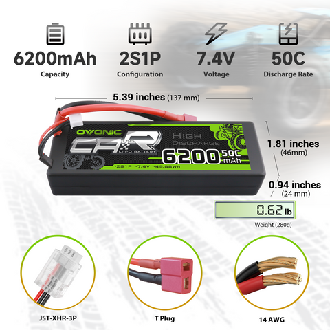 Ovonic 7.4V 50C 2S 6200mAh Hardcase LiPo Battery with Deans Connector for 1/10 Scale RC Cars, Trucks & Boats