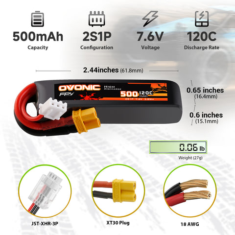 2-Pack Ovonic 2S 500mAh 120C 7.6V LiHV Battery w/XT30 Plug