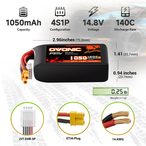 2-Pack Ovonic 4S 1050mAh 140C 14.8V LiPo Battery w/XT30 Plug