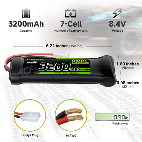 2 × OVONIC 8.4V 3200mAh NiMH Battery Pack 7-Cell with Tamiya Plug for RC Vehicles