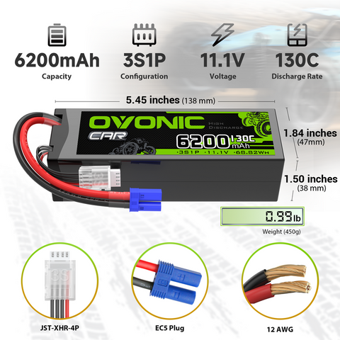 OVONIC 3S 6200mAh 11.1V 130C Lipo Battery with EC5 Plug for 1/8 & 1/10 Scale RC Car Truck RC Plane