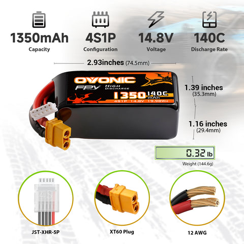 2-Pack Ovonic 4S 1350mAh 140C 14.8V LiPo Battery w/XT60 Plug
