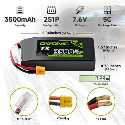 2-Pack Ovonic 2S 3500mAh 5C 7.6V LiHV Battery w/XT30 Plug for RC Transmitters and Receivers