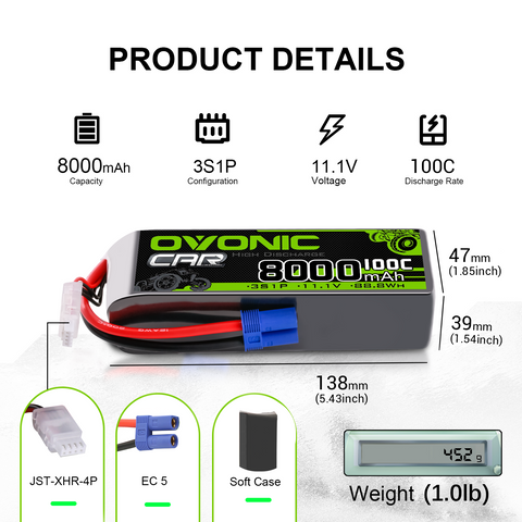 [2-Pack] Ovonic 11.1V 100C 3S 8000mAh LiPo Battery with EC5 Plug for 1/8 & 1/7 Scale RC Monster Trucks