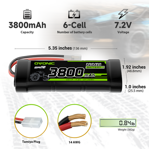 2 × OVONIC 7.2V 3800mAh NiMH Battery Pack 6-Cell with Tamiya Plug for RC Cars & Trucks