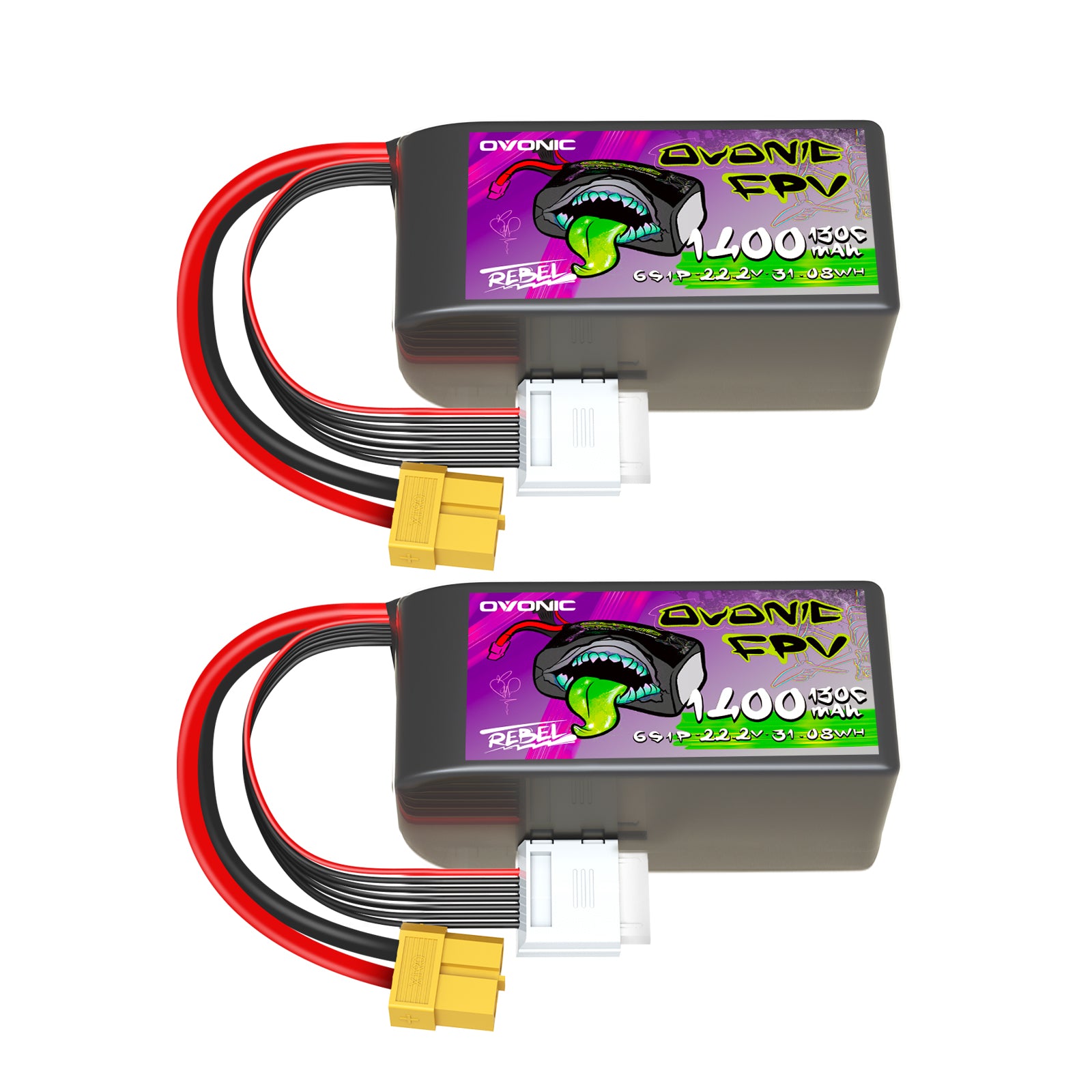 2 × Ovonic Rebel 2.0 130C 6S 1400mah Lipo Battery 22.2V Pack with XT60 Plug for FPV Racing
