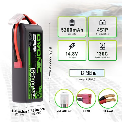 [2-Pack] Ovonic 5200mAh 14.8V 130C 4S LiPo Battery Pack with Deans T Connector for RC Cars, Trucks, and Boats