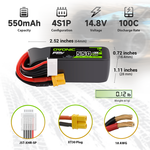 Ovonic 4S 550mAh 100C LiPo Battery with XT30 Plug for Cinewhoops & Micro FPV Drones (2/4 Pack)