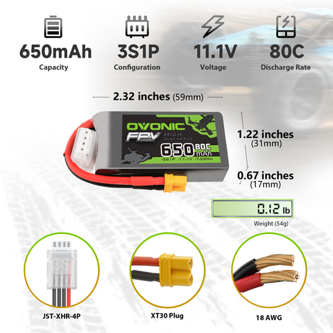 4x Ovonic 80C 4S 650mah Lipo Battery 14.8V Pack with XT30 Plug for RC FPV Racing Drone Quadcopter