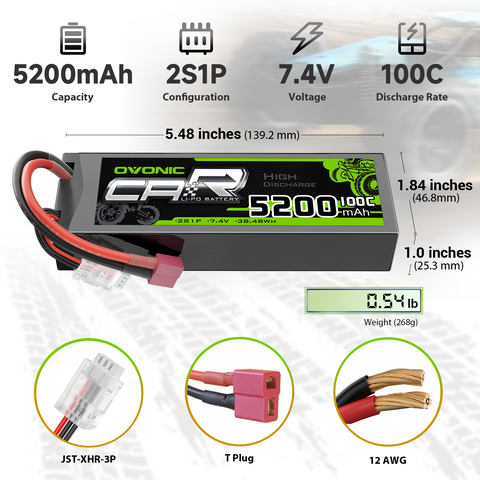 [2-Pack] Ovonic 7.4V 100C 2S 5200mAh Hardcase LiPo Battery with Deans Plug for 1/10 Scale RC Buggy, Truggy & Racing Cars