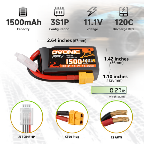 [2-Pack] Ovonic 1500mAh 11.1V 120C 3S LiPo Battery Pack with XT60 Connector for FPV Racing Drones and Quads