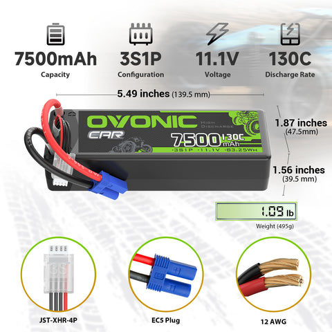 2 x OVONIC 3S 7500mAh 130C 11.1V LiPo Battery with EC5 Plug for 1/8 & 1/10 Scale RC Car Boat Helicopter