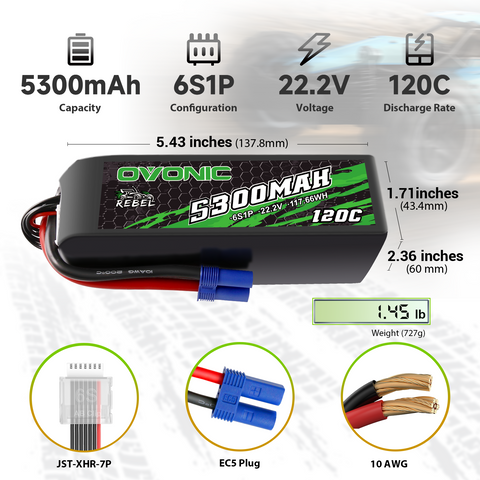 Ovonic Rebel 120C 6S 5300mAh 22.2V LiPo Battery with EC5 Plug for 1/7 & 1/8 RC Cars Trucks & EDF Jets (1/2 Pack)