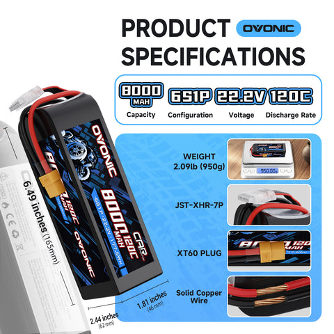 2-Pack Ovonic 22.2V 120C 6S 8000mAh LiPo Battery with XT60 Plug & EC5 Adapter for RC Airplanes, EDF Jets, and 1/8 Scale Vehicles
