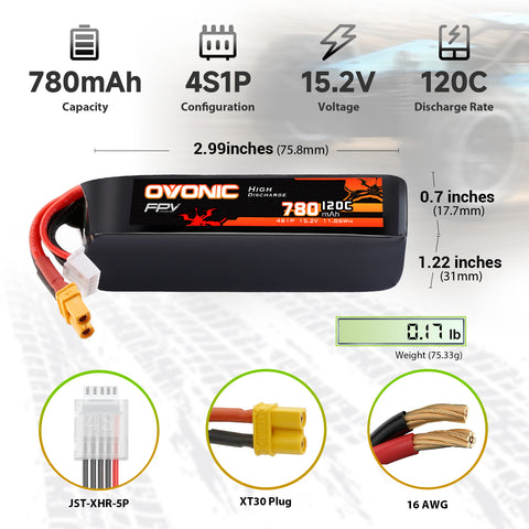 [FIRST 20 ONLY] 2-Pack Ovonic 4S 780mAh 120C 15.2V LiHV Battery w/XT30 Plug