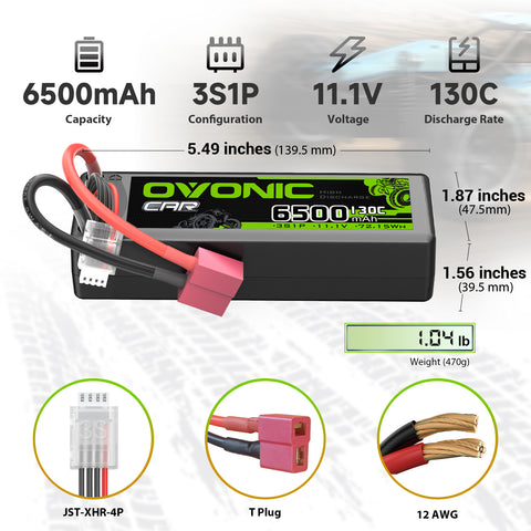 OVONIC 3S 6500mAh 11.1V 130C Hardcase LiPo Battery with Deans Plug for 1/8 & 1/10 Scale RC Car Truck RC Airplane