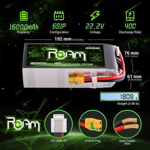 Ovonic ROAM 22.8V 16000mAh 40C 6S1P LiHV Battery Pack with XT90S-F Anti-Spark Plug for Agricultural Spraying and Crop Dusting Drones