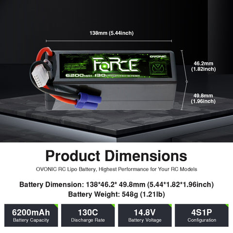 2-Pack Ovonic Force 4S 6200mAh 130C 14.8V Hardcase LiPo Battery w/EC5 Plug for High Discharge 1/8 1/10 RC Car & Truck