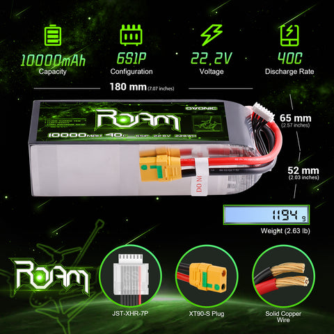 Ovonic ROAM 22.8V 10000mAh 40C 6S1P LiHV Battery Pack with XT90S-F Anti-Spark Plug for Aerial Mapping, Surveying, and Compact Industrial Drones