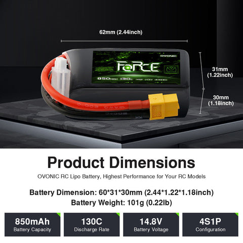 4-Pack Ovonic Force 4S 850mAh 130C 11.1V High C-Rate LiPo Battery w/XT30 Plug for FPV Quad, Freestyle Drone & Micro Jet