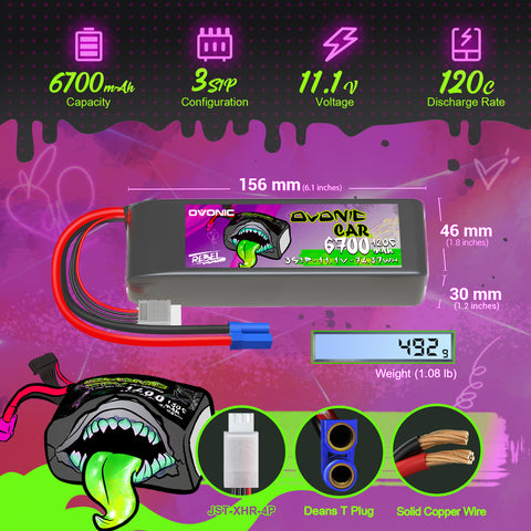 Ovonic Rebel 2.0 120C 3S 6700mAh 11.1V LiPo Battery with EC5 Plug for 1/8 1/10 RC Car
