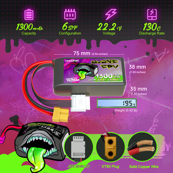 2 × Ovonic Rebel 2.0 130C 6S 1300mah Lipo Battery 22.2V Pack with XT60