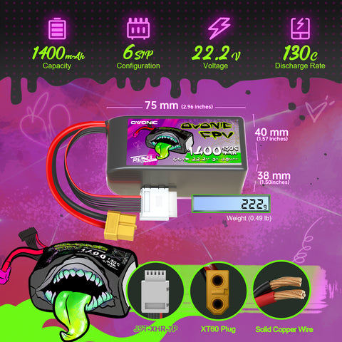 2×Ovonic Rebel 2.0 6S 1400mAh 6S1P 130C 22.2V LiPo Battery with XT60 Plug for FPV Racing Freestyle 5-6 inch Long Range Drone Quadcopters