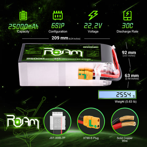 Ovonic ROAM 22.8V 25000mAh 30C 6S1P LiHV Battery Pack with XT90S-F Anti-Spark Connector for Long-Range Industrial Surveillance and Heavy UAVs